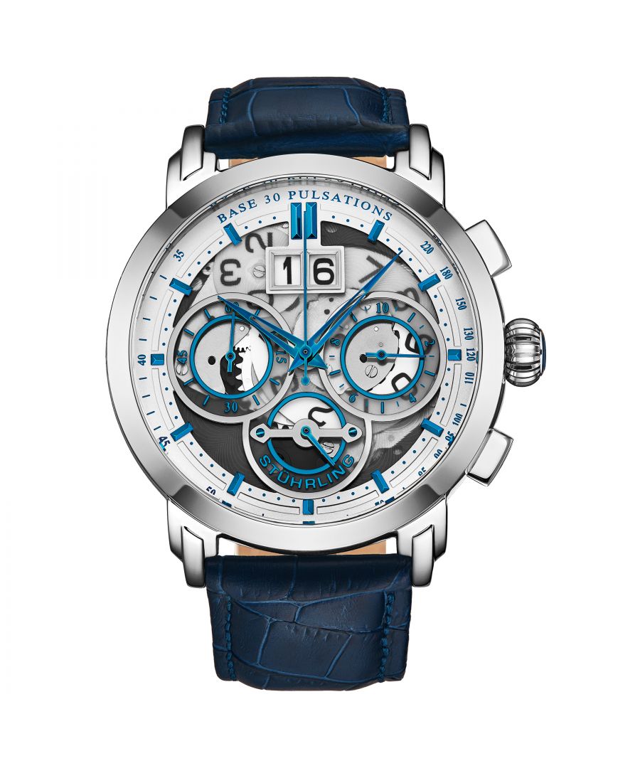 Men's Chrono SS Case, Silver Bezel, Silver Dial, Blue Hands and Markers, Blue Alligator Embossed Genuine Leather Strap Watch