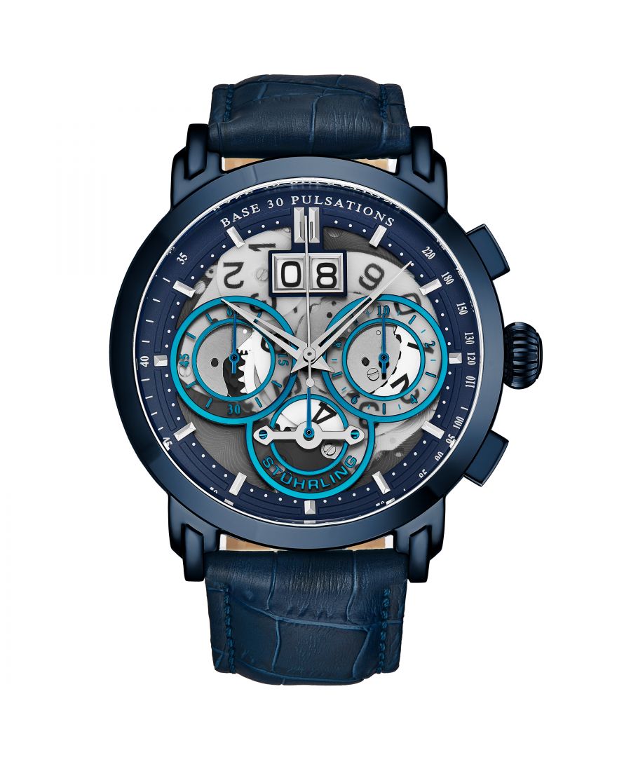 Men's Chrono SS Blue Case, Blue Bezel, Blue Dial, Silver Hands and Markers, Blue Alligator Embossed Genuine Leather Strap Watch