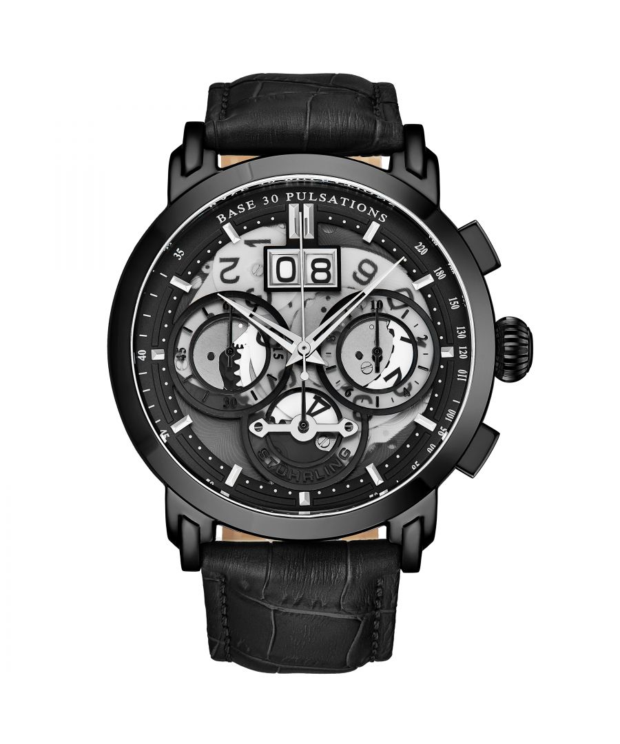 Men's Chrono SS Black Case, Black Bezel, Grey and Black Dial, Grey Hands and Markers, Black Alligator Embossed Genuine Leather Strap Watch