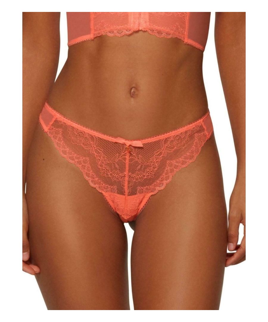Gossard Superboost Lace Thong. With mesh back and sides, a floral lace design and cotton-lined gusset. Product is hand wash only.