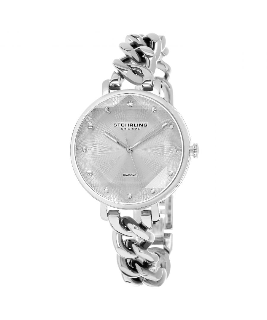 Women's Quartz Silver Case, Faceted Crystal, Silver Dial with Diamond Accents, Silver Link Chain Bracelet Watch
