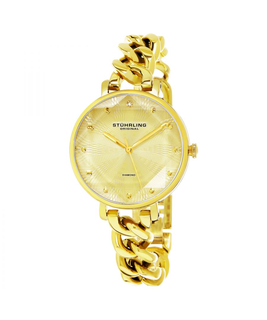 Women's Quartz Gold Toned Case, Faceted Crystal, Gold Toned Dial with Diamond Accents, Gold Toned Link Chain Bracelet Watch