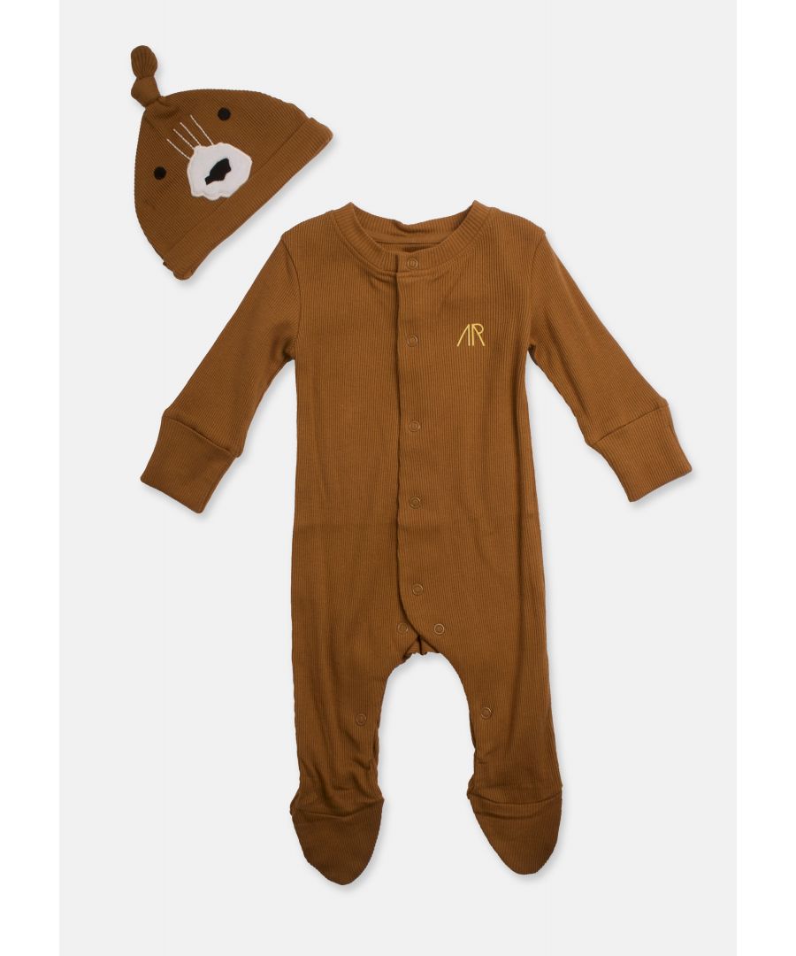 Ready for a bear hug? The sweetest all in one with bear top knot hat. Made from super soft cotton jersey with popper leg opening for fuss free dressing and logo print on the feet.   Angel & Rocket Cares - made with fairtrade cotton   Brown   About me: 100% cotton   Look After me: Think planet  wash at 30c