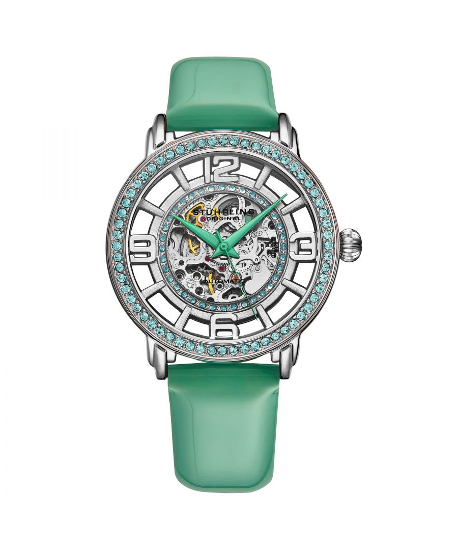 Women's Automatic Silver Case, Silver Crystal Studded Bezel, Silver Skeletonized Dial With Gold Toned And Red Accents, Green Hands, Silver Markers, Green Patented Genuine Leather Strap Watch