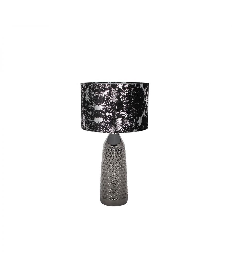 Silver Ceramic Table Lamp with Black and Silver Shade\n\nStunning chrome ceramic table lamp with marbled black and silver design shade. With an eye-catching design and great finish, this lamp would be am amazing addition to any home. Put it in the hallway, living room or even dining room and this lamp will complement any surroundings with its sleek finish and contemporary design.\n\nHeight: 50cm  \nDiamater: 27cm  \nBulb: 1 x E14 light bulb (Not Included)  \nSwitch: Clear In-Line  \nDouble Insulated: Yes  \nCable Colour: Clear Plastic