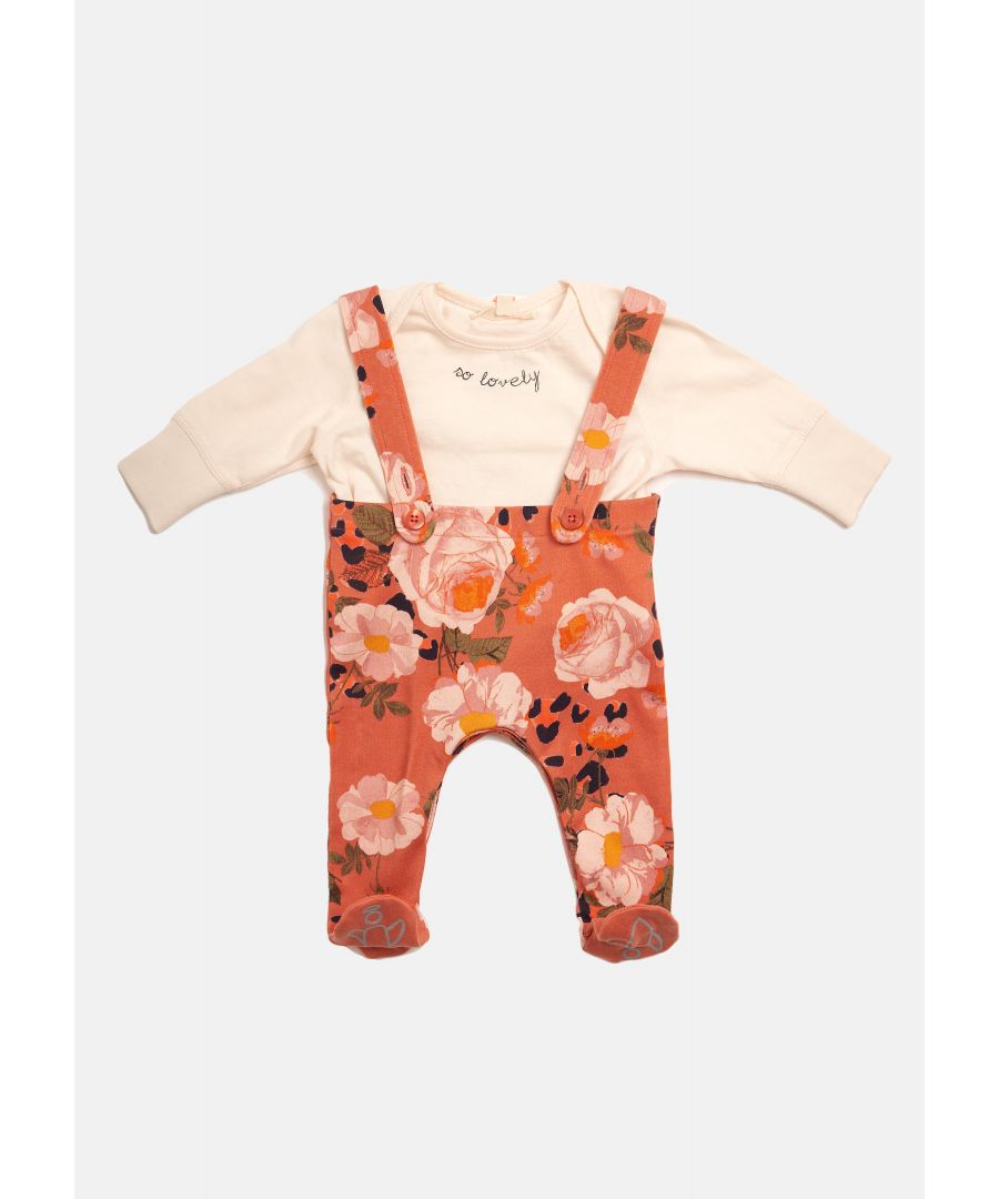 Our signature floral print in a dungaree style with long sleeve tee. Made in super soft cotton jersey with button opening for easy fuss free dressing.  Angel & Rocket cares – made with fairtrade cotton.  Ginger  About me: 100% cotton.  Look after me: think planet  machine wash at 30c