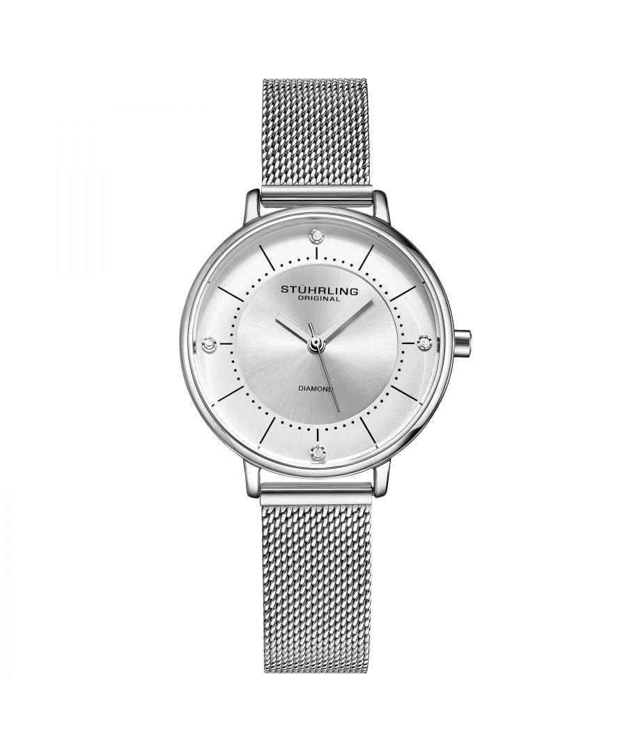 Ladies Quartz, Silver Case, Silver Bezel, Silver Dial, Silver Hands, Black And Crystal Markers, Silver Mesh Bracelet Watch