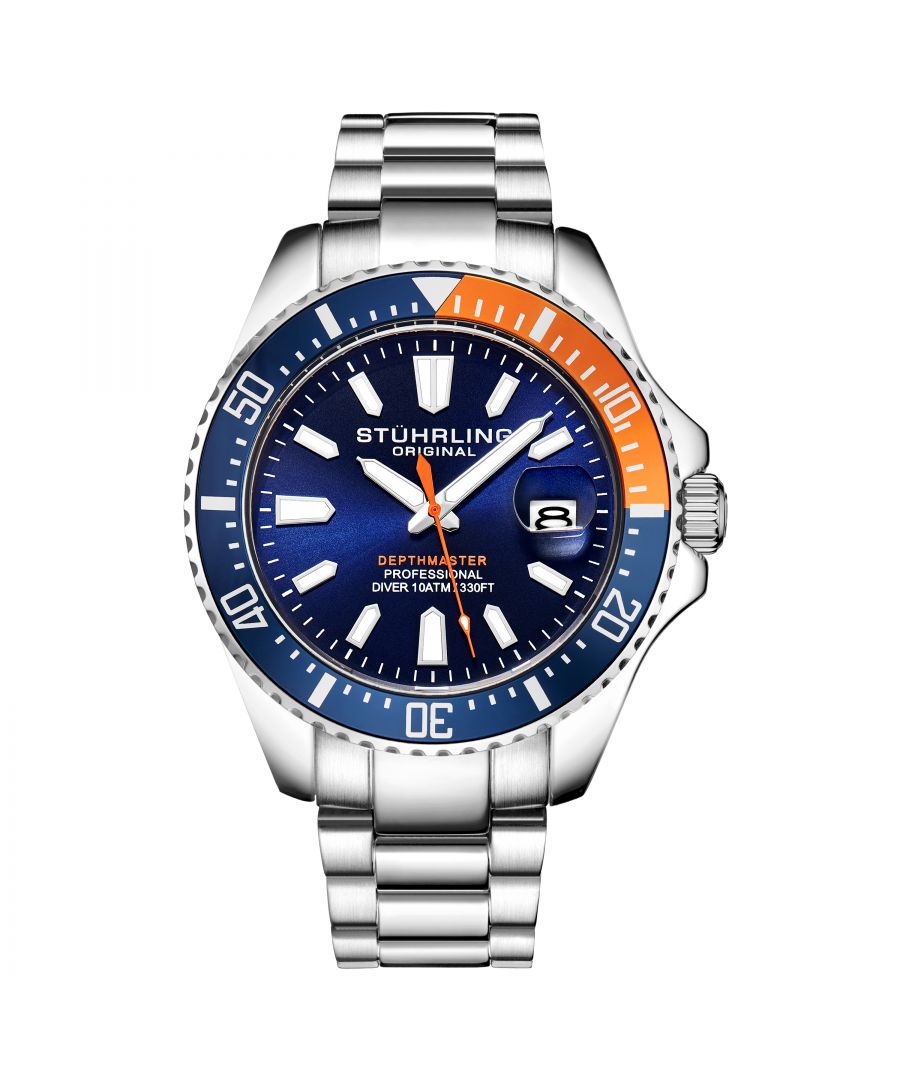 Men's Diver, Silver Case, Blue Dial, Blue And Orange Bezel, Silver Bracelet Watch