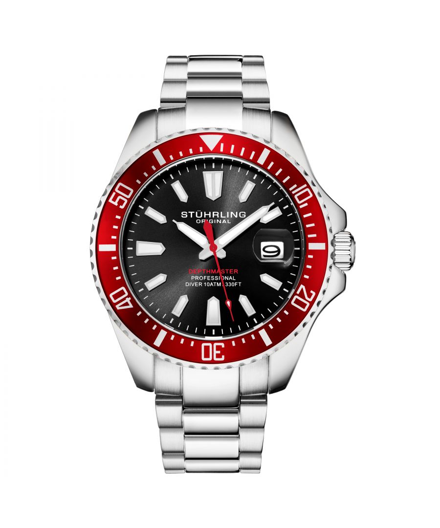 Men's Diver, Silver Case, Black Dial, Red Bezel, Stainless Steel Bracelet Watch