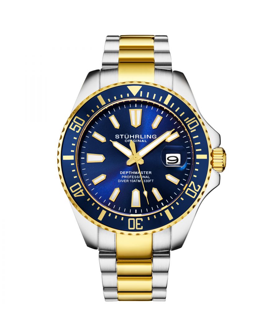Men's Diver, Silver Case, Blue Dial, Blue Bezel, Gold/Silver tone Bracelet Watch