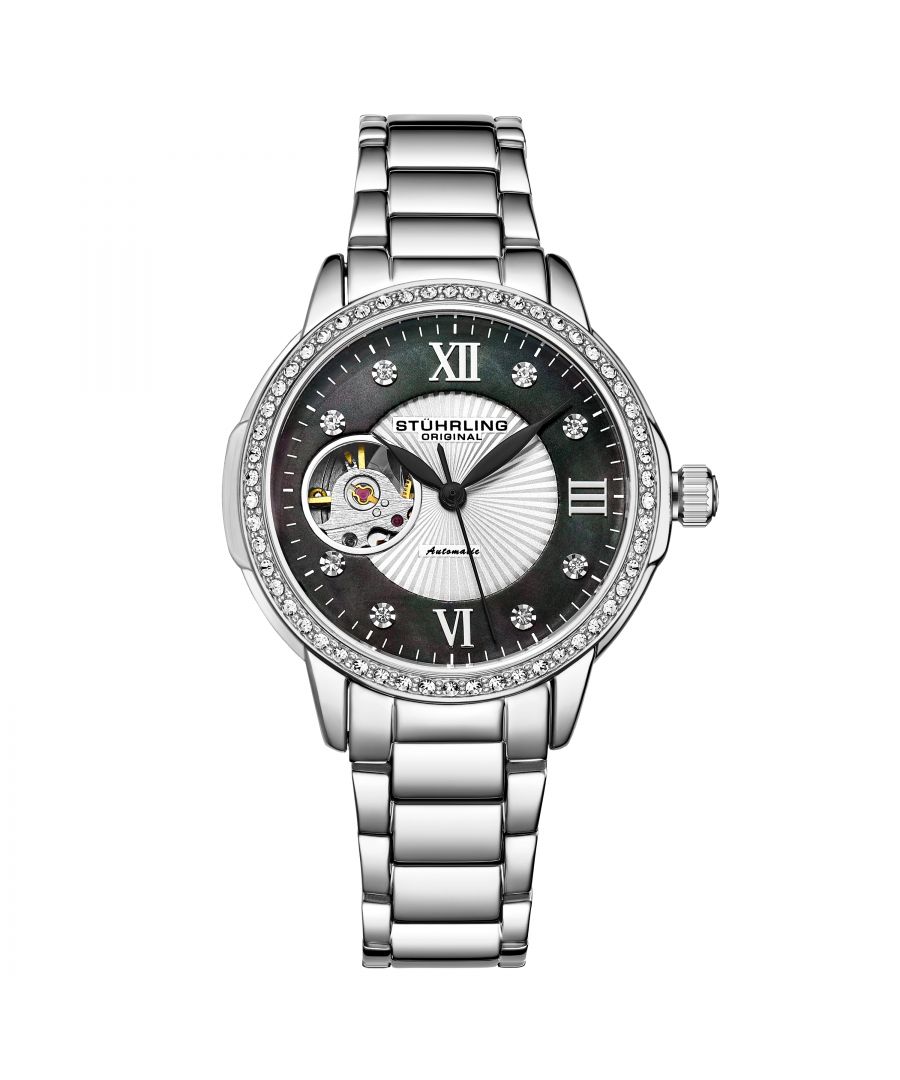 Ladies Automatic Silver Case, Silver Crystal Studded Bezel, Black MOP Dial, Grey Hands, Crystal and Silver Markers, Silver Bracelet Watch