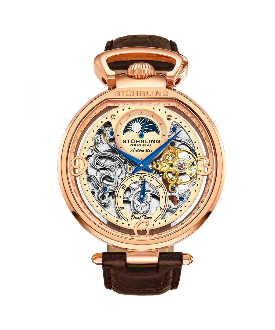 Men's Automatic Dual Time, Rose/Gold Toned Case, Rose/Gold Toned Bezel, Cream Skeletonized Dial With Rose/Gold Toned Dual Time Subdial, Blue Hands, Rose/Gold Toned Markers, Brown Alligator Embossed Genuine Leather Strap Watch