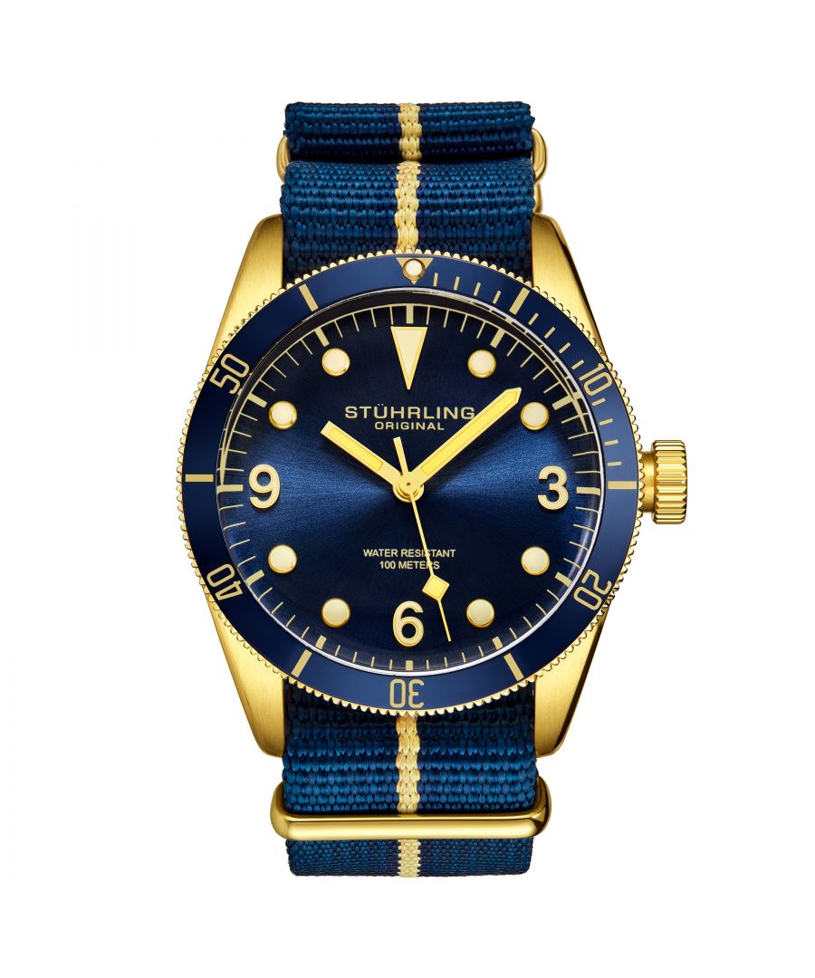 Men's Quartz Gold Toned Case, Blue Bezel, Blue Dial, Luminous Gold Toned Hands and Markers, Blue Nylon Strap With Gold Colored Stripe Watch