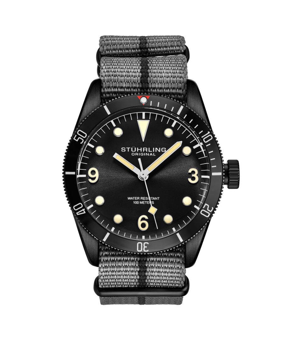Men's Quartz Black Case, Black Bezel, Black Dial, Luminous Silver Hands and Markers, Grey Nylon Strap With Black Colored Stripe Watch