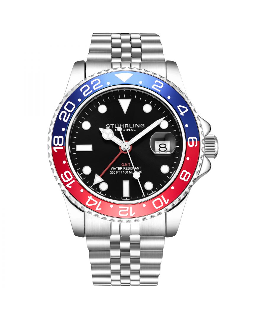Men's Diver, Silver Bracelet, Black Dial, Red/Blue Bezel Watch