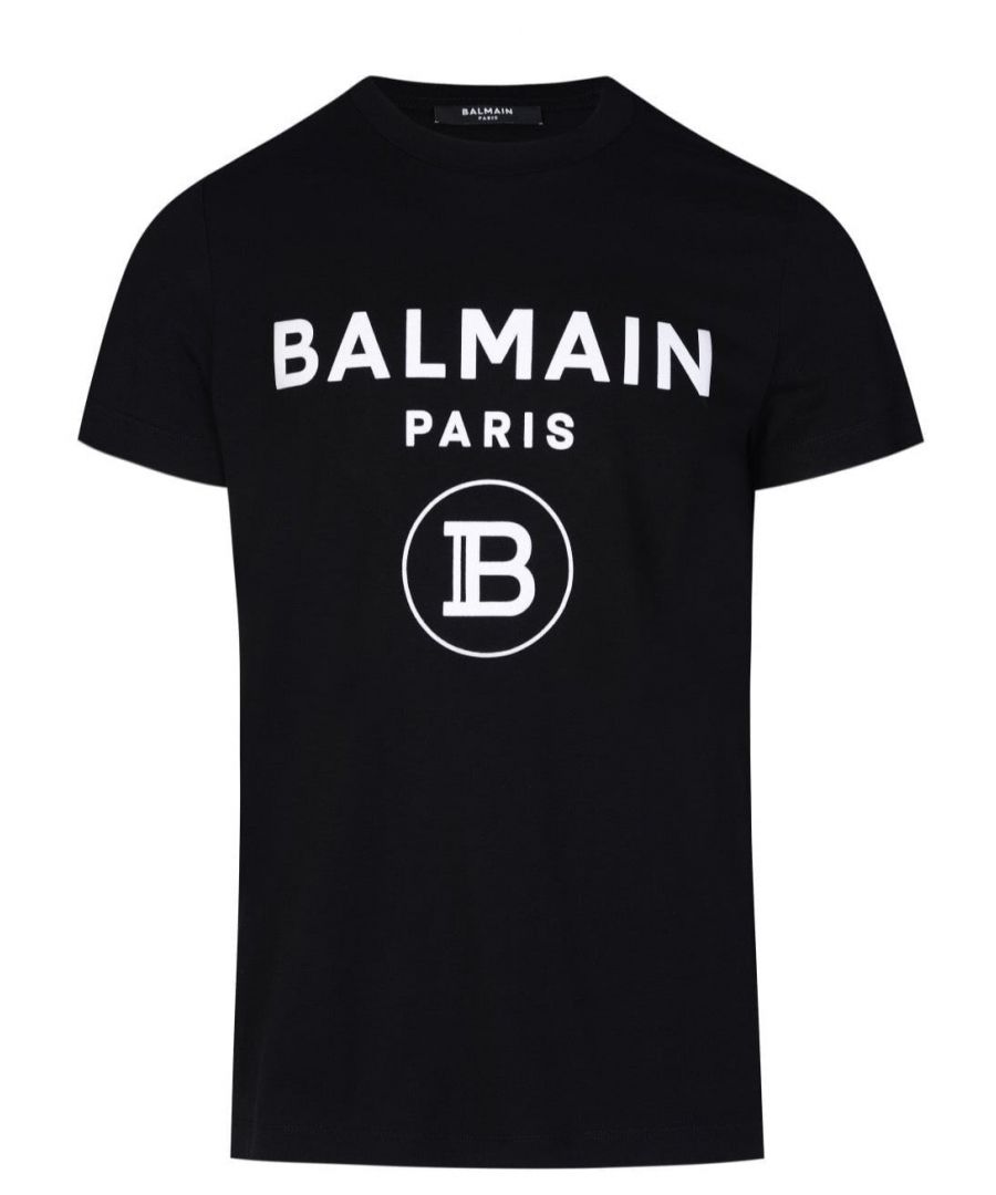 Constructed from 100% pure cotton, this black T-shirt from Balmain features a bold, flocked black logo and a classic rounded neckline. \n 