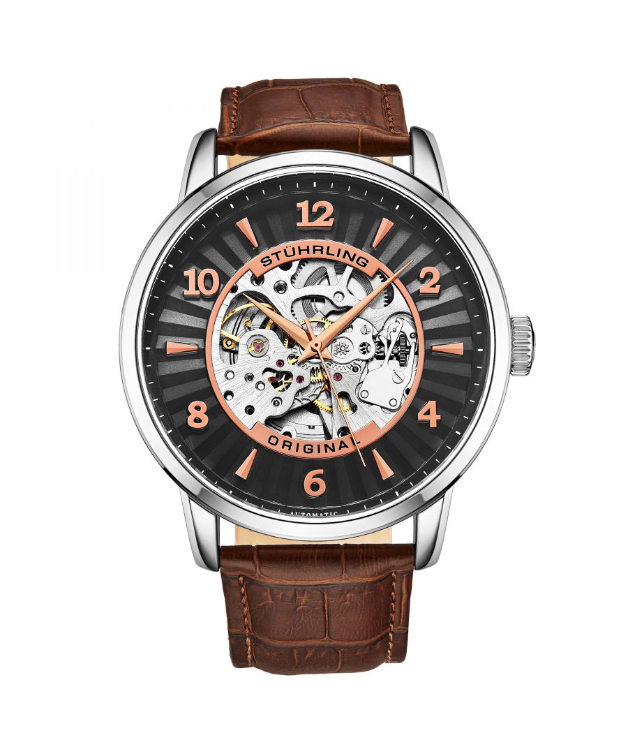 Men's Automatic Silver Case, Silver Bezel, Black Dial, Rose/Gold Toned Hands, Rose/Gold Toned Markers, Brown Alligator Embossed Genuine Leather Strap Watch