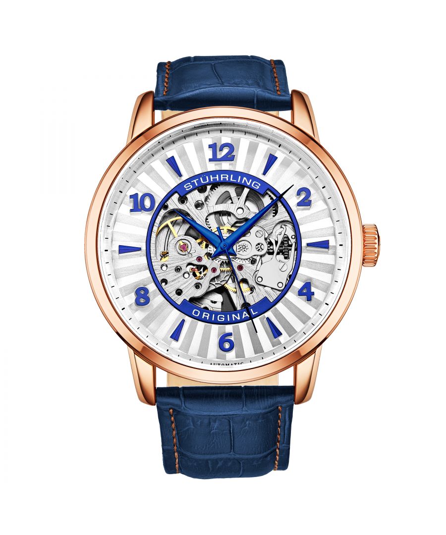 Men's Automatic Rose/Gold Toned Case, Rose/Gold Toned Bezel, Silver Dial, Blue Hands, Blue Markers, Blue Alligator Embossed Genuine Leather Strap Watch