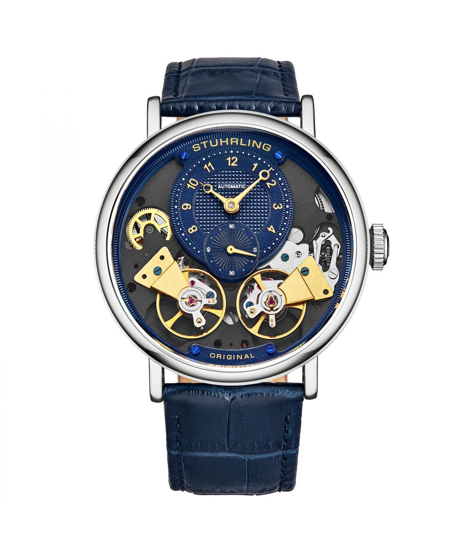 Men's Automatic Silver Case, Silver Bezel, Blue Dial with Colored Accents, Gold Toned Hands, Gold Toned and Silver Markers, Blue Alligator Embossed Genuine Leather Strap Watch