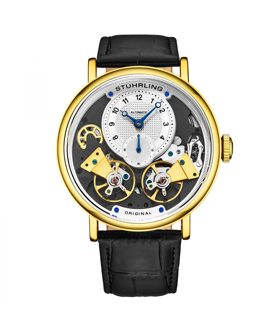 Men's Automatic Gold Toned Case, Gold Toned Bezel, Silver Dial with Colored Accents, Blue Hands, Black Markers, Black Alligator Embossed Genuine Leather Strap Watch