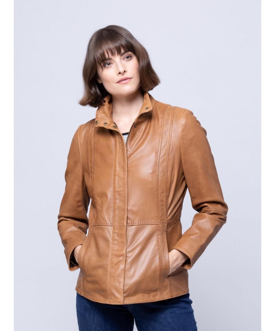 A Lakeland favourite design, meet the Mardale leather jacket in tan with stab stitching detail. Expertly crafted from the softest aniline leather, this jacket has a slight vintage pre-loved feel, adding to an already stunning outerwear piece. Designed with a funnel neck collar, hidden zip fastening with concealed poppers and slip pockets. A stylish, all year-round jacket.