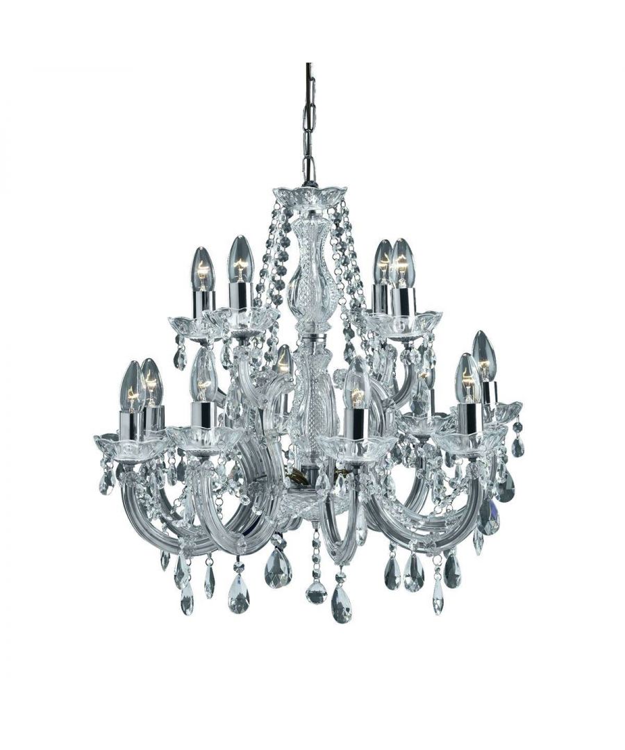 The spectacular, glittering 12 light chandelier with a polished chrome finish has an aristocratic style, perfect for adding a theatrical touch to any large room. A traditional design with a modern twist, this ceiling light is luxuriously adorned with crystal drops, barley twist arms and glass trimmings that creates a glamorous, picturesque focal point when illuminated | Finish: Chrome | Material: Glass Crystal | IP Rating: IP20 | Height (cm): 60 | Diameter (cm): 63 | No. of Lights: 12 | Lamp Type: E14 | Dimmable: Yes | Wattage (max): 60 | Weight (kg): 6.2 | Class: 1 (Earthed) | Bulb Included: No