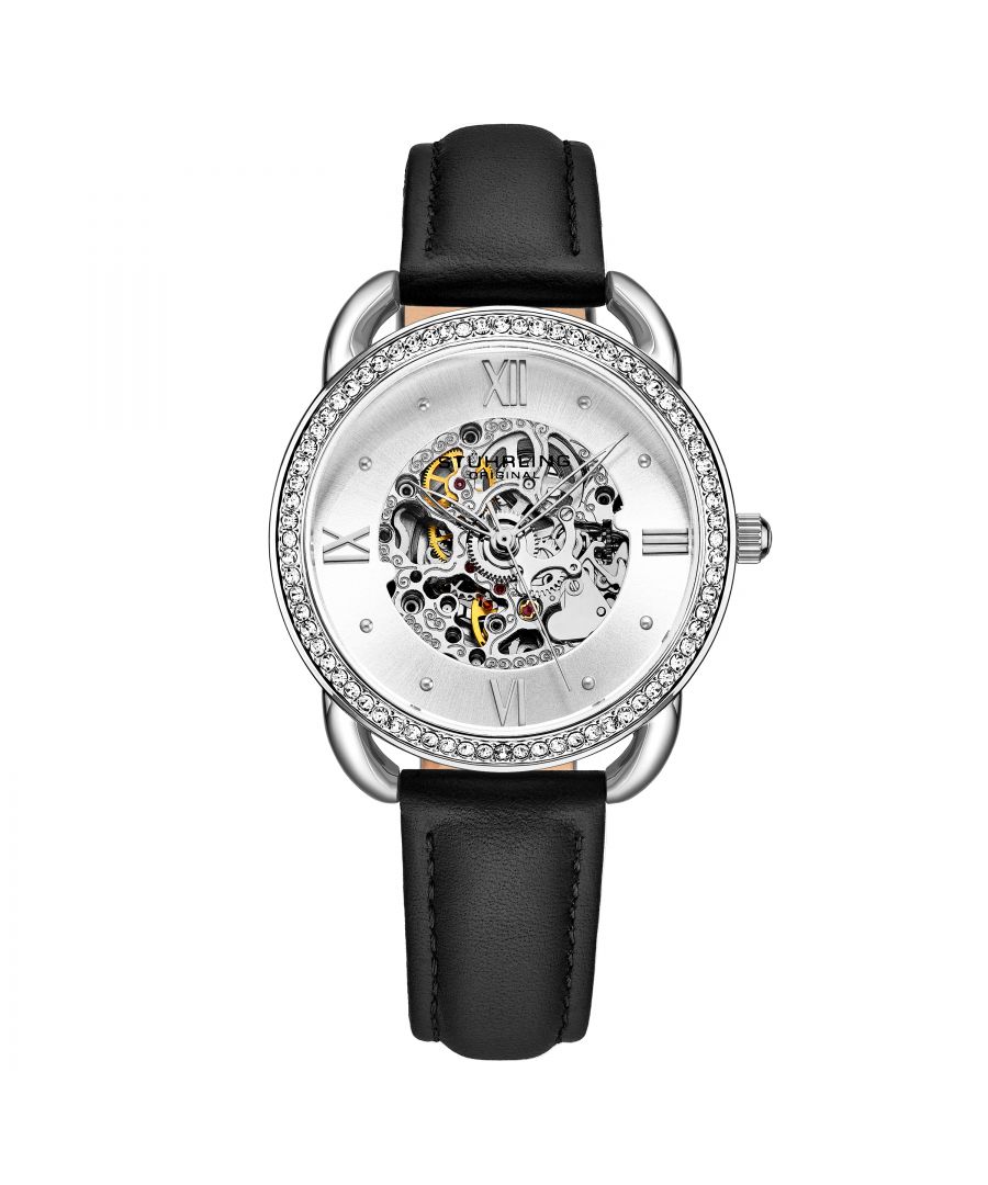 Ladies Automatic Silver Case, Silver Crystal Studded Bezel, Silver Dial, Rose/Gold Hands and Markers, Black Genuine Leather Strap Watch