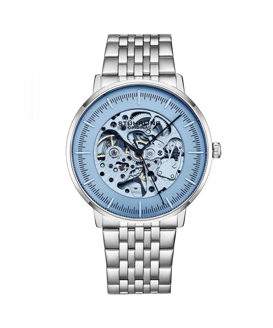 Men's Automatic Silver Case, Silver Bezel Blue Tinted Glass, Light Blue Dial Ring with Silver Center With Gold Toned Colored Accent, Blue Hands, Silver Markers, Silver Link Bracelet Watch