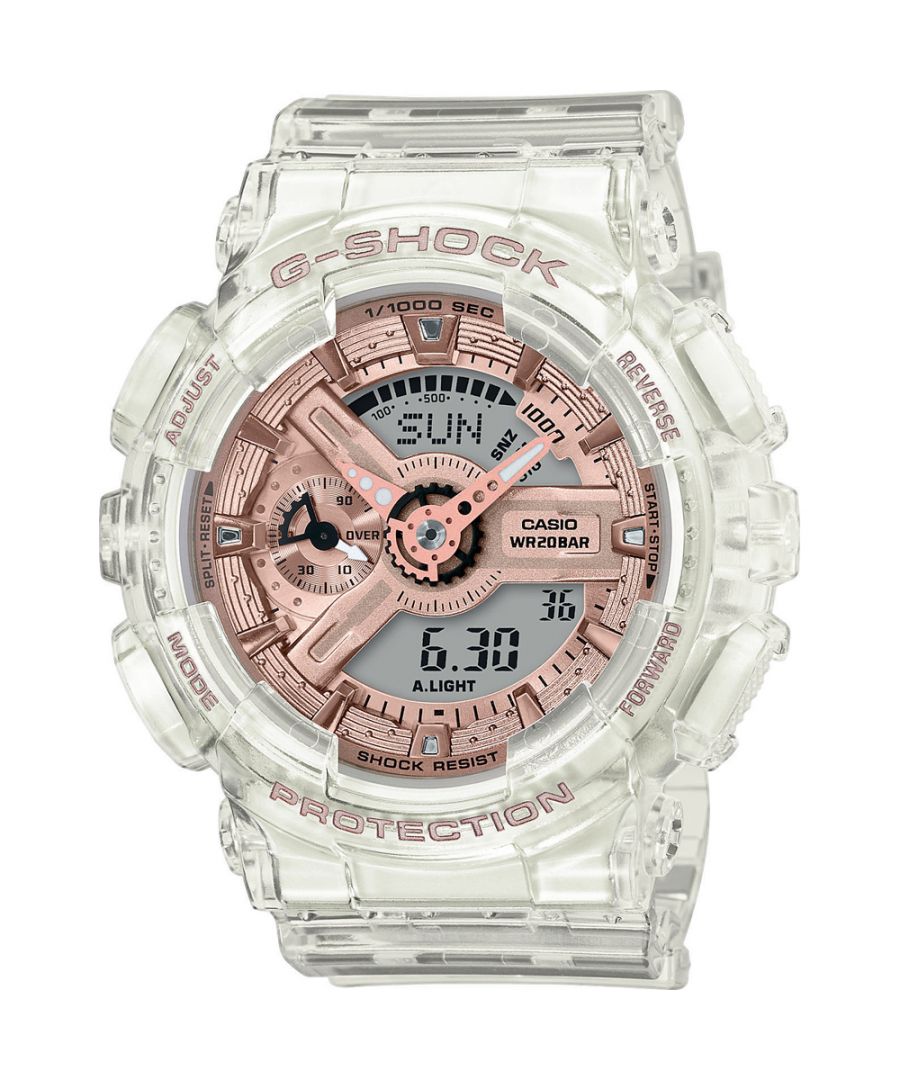 This Casio G-shock Analogue-Digital Watch for Women is the perfect timepiece to wear or to gift. It's Transparent 45 mm Round case combined with the comfortable Transparent Plastic watch band will ensure you enjoy this stunning timepiece without any compromise. Operated by a high quality Quartz movement and water resistant to 20 bars, your watch will keep ticking. This sporty and fashionable watch gives you a unique feeling in every outfit! -The watch has a calendar function: Day-Date, Stop Watch, Worldtime, Countdown, Alarm, Light High quality 19 cm length and 24 mm width Transparent Plastic strap with a Buckle Case diameter: 45 mm,case thickness: 16 mm, case colour: Transparent and dial colour: Rose gold