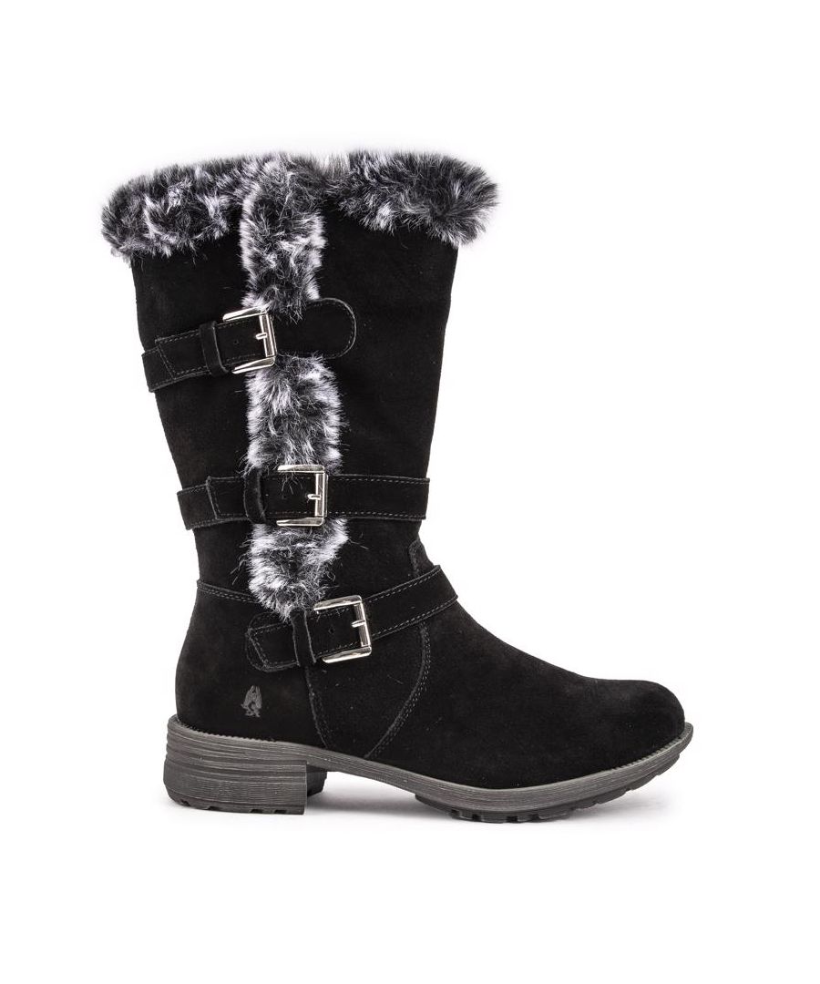 Zwarte Hush Puppies Saluki halfhoge laarzen met zacht suède bovenwerk met grijze details van imitatiebont en ontwerp met gespen. Deze warm gevoerde laarzen zijn het perfecte item voor winterse stadstrips en wandelingen in het park.