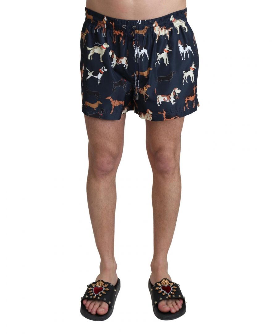 Dolce & Gabbana Mens Dog Print Beachwear Shorts - Blue - Size Small