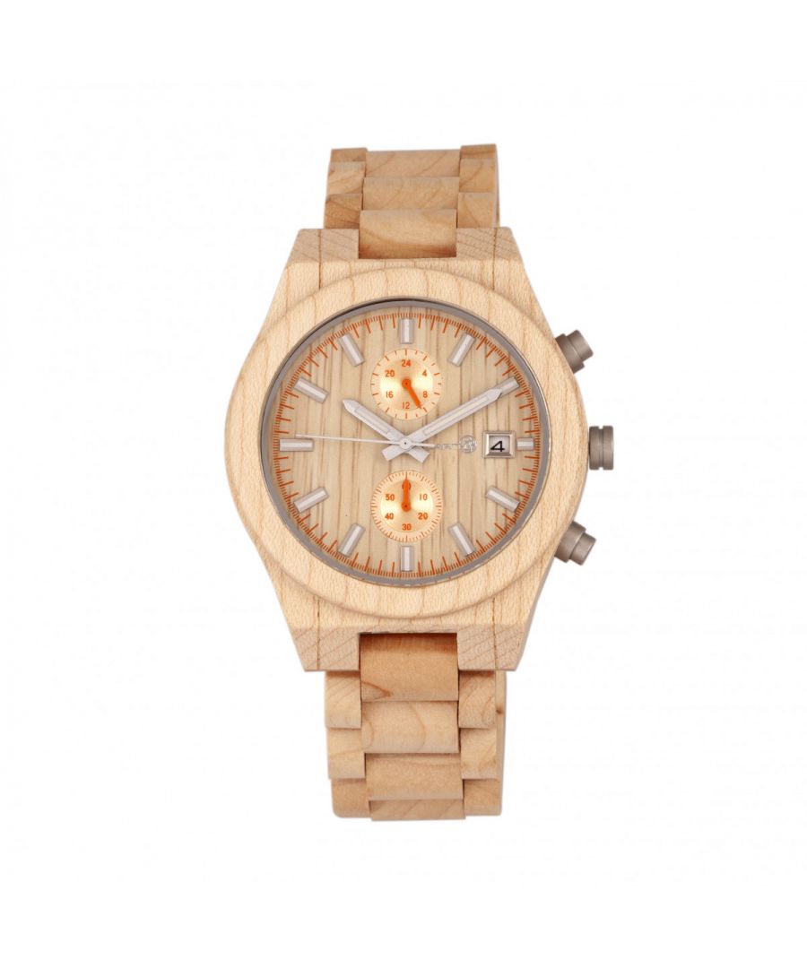 Eco-Friendly Sustainable Wood Case; Quality Japanese Quartz Movement; Non-Glare Scratch-Resistant Mineral Crystal; Logo-Engraved Wood Caseback; Eco-Friendly Sustainable Wood Bracelet; Logo-Engraved Stainless Steel Push-Button Deployment Clasp; Luminous Hands; Luminous Markers; Date Display; 24-Hour Sub-Dial; 60-Second Chronograph; 45mm Diameter; Splash Resistant; Due to Seasons and Aging of Wood colors may be darker or lighter than pictured.;