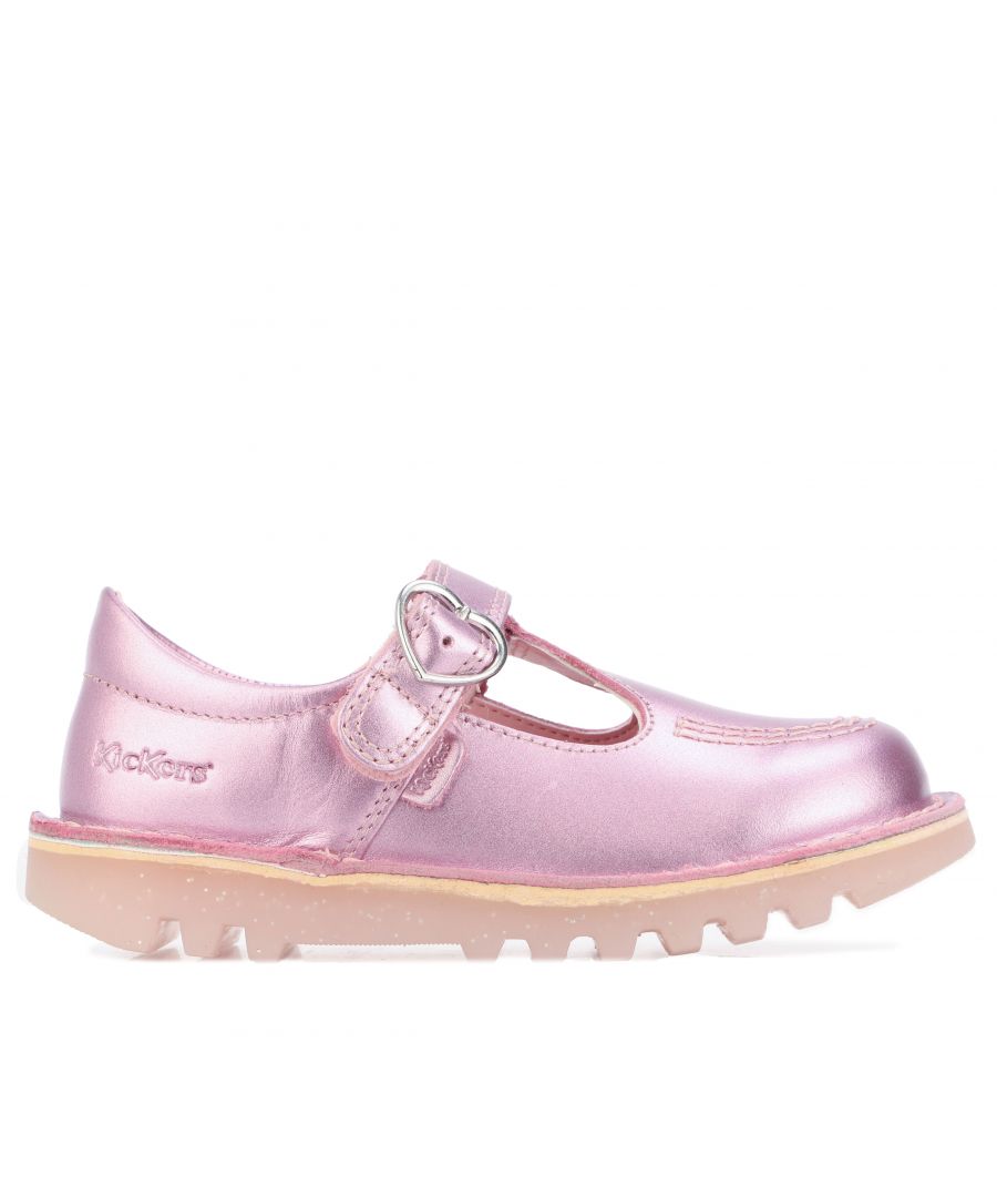 Infant Girls Kickers K T Bar Sparkle Shoe in pink.- Leather upper.- Hook & loop strap.- Silver-tone heart buckle.- T-bar silhouette.- Rubber sole.- Ref: 116563