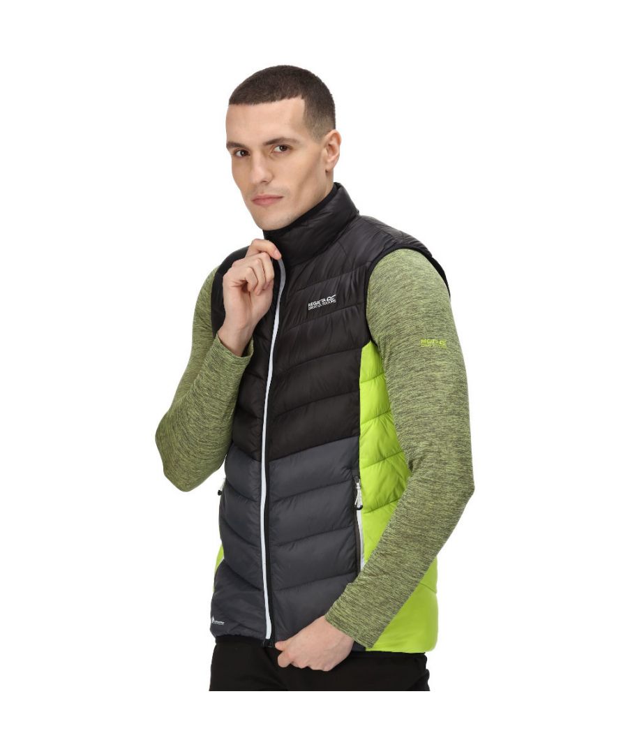 Lightweight 20d polyamide fabric. Feather Free - premium recycled synthetic down insulation. Recycled fill made from approximately 12 plastic bottles (500ml size). 2 zipped lower pockets. Stretch binding to armholes, hem and collar.