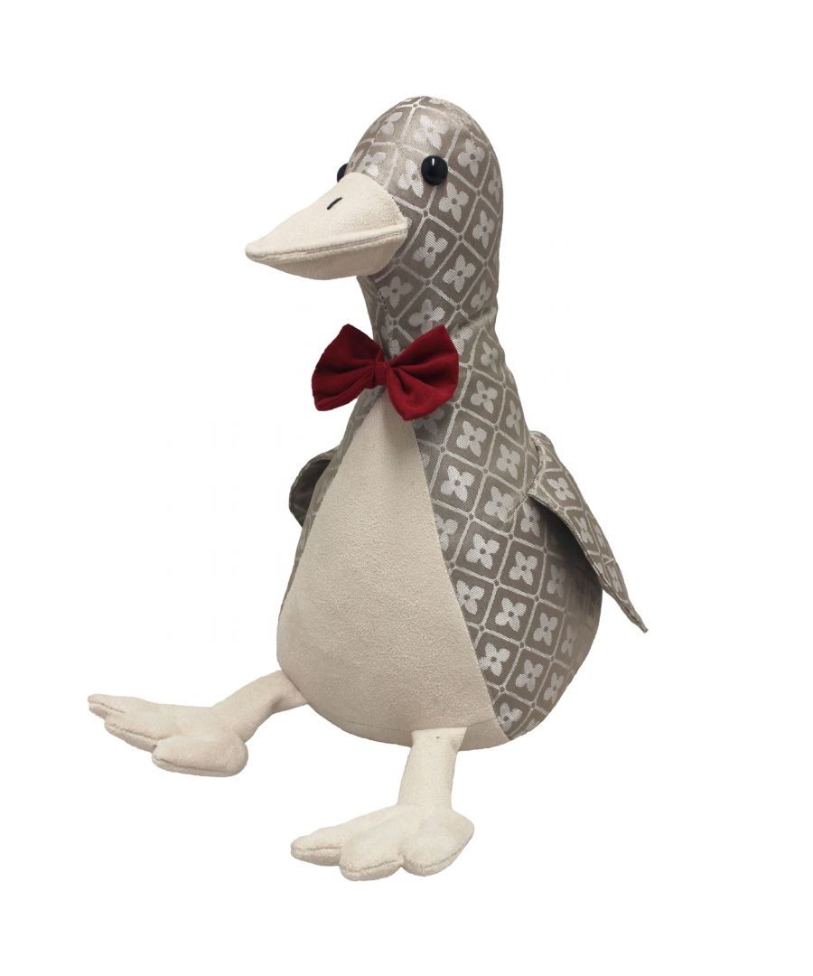 The Paoletti novelty doorstops are not only an extremely useful home accessory but also add some fun to your home interior. In a range of animals from dogs to elephants theres something for everyone. Eduardo the Duck wears a coat of silver and white gold in an opulent jacquard pattern with a plain, suede-feel front, feet and beak. He dresses to impress and comes with a cute purple bowtie and beaded eyes. Filled with heavyweight sand this doorstop is strong enough to hold open most doors. Made of 100% polyester Eduardo can withstand any stray knocks or kicks. However if he gets dirty spot clean only.
