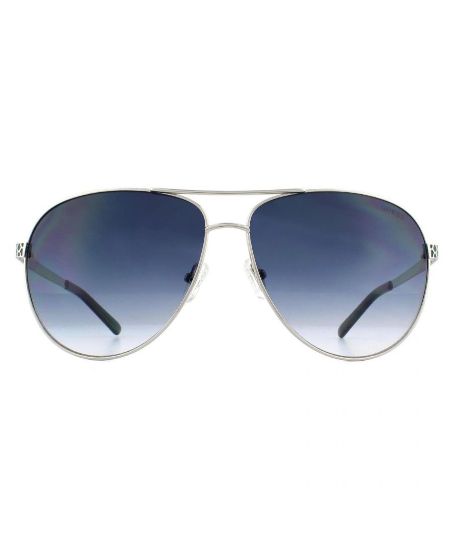 Guess Sunglasses GU7370 Q83 Silver Blue Gradient are a classic aviator shape featuring textured temples and the Guess G logo.