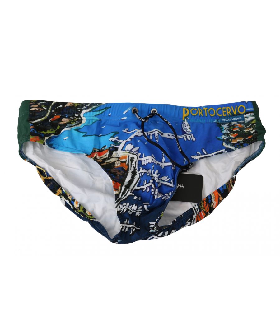 DOLCE & GABBANA\nAbsolutely stunning, 100% Authentic, brand new with tags Dolce & Gabbana Beachwear. \nModell: Swim briefs beachwear\nColor: Blue with PORTOCERVO print\nMaterial: 75% Nylon 25% Elastane\nWaist strap\nLogo details\nGreat fitting and comfort