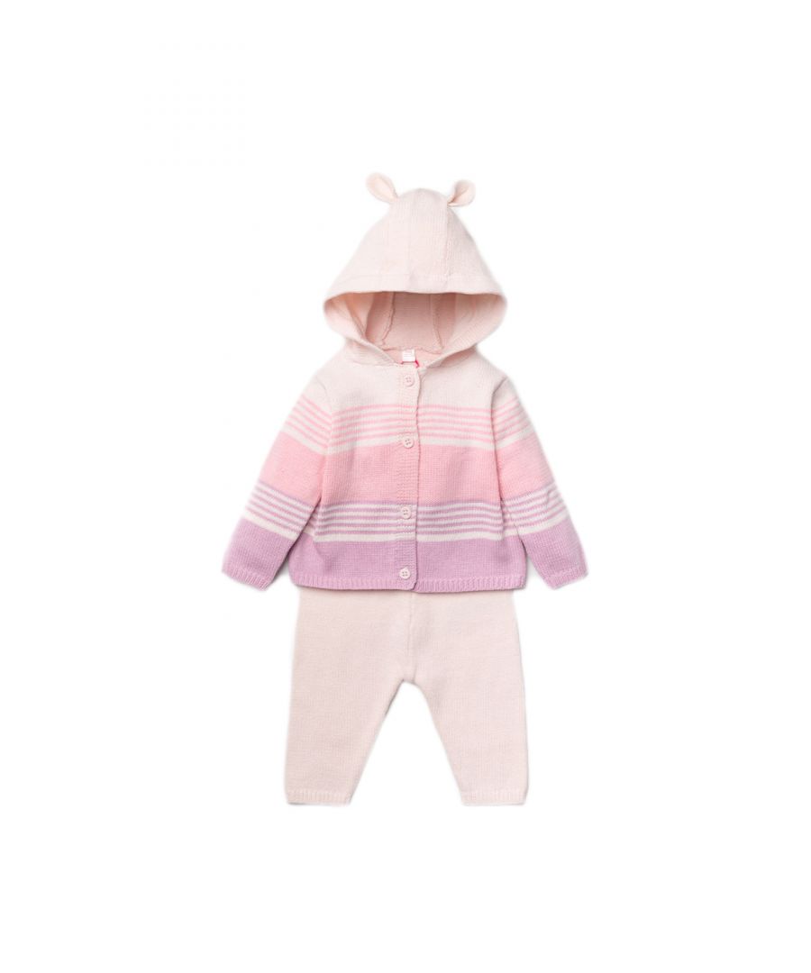 This Rock A Bye Baby Boutique two-piece set features a knitted hooded jacket and pair of trousers. The hooded jacket features a ombre gradient, with button-up fastening and adorable 3D ears on the hood! The trousers are designed to match. This piece is 100% cotton, keeping your little one comfortable and cosy. This piece the perfect gift for the little one in your life.