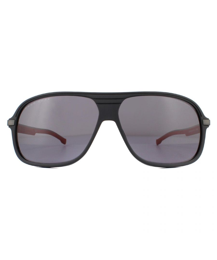 Hugo Boss Sunglasses BOSS 1200/S BLX/M9 Matte Black Red Grey Polarized are an oversized aviator style with large squared lenses. Lightweight, comfortable and crafted from hypoallergenic plastic and features the Hugo Boss logo engraved in the metal section of the temples.