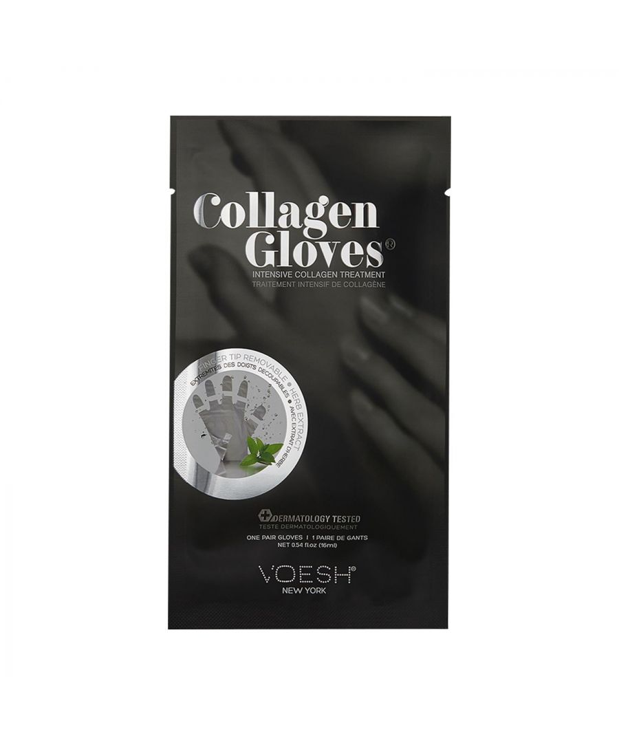 Voesh New York Collagen Treatment Gloves with Peppermint Oil 16ml.  VOESH UV protective Collagen Gloves brings innovation to manicure treatment. Each Mask is preloaded with peppermint and Phyto collagen rich emulsion to penetrate and moisturize the skin. When ready to have your manicure, simply remove the tips of each finger along the perforated pre-cut lines.\n\nKey Features:\nMade with a micro-thin dual layered material. Protects up to 98.9% of UV rays.\nSave time by moisturizing your hand while getting a manicure.\nPatent Pending\nEnriched with Phyto collagen and peppermint\n\nYOU DO NOT NEED\nSoaking Water\nCuticle Softener\nCuticle Oil\nMassage Lotion\nUV Gloves\nParaffin Wax