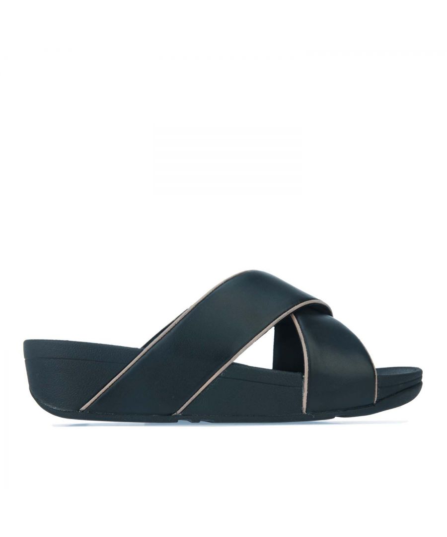 Womens Fit Flop Lulu Pop Binding Slide Sandals in black.- Softly padded leather uppers.- Slip on closure.- Pop-colour binding.- Features built-in arch contour.- Microwobbleboard™ midsole.- Rubber sole.- Leather upper  Leather lining.- Ref.: ED7319