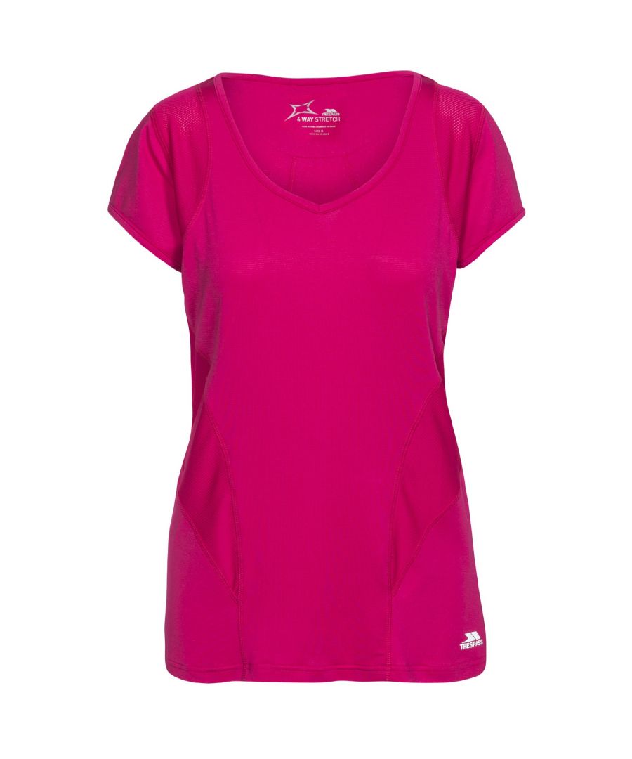 Short sleeves. V-neck. Ventilation panels. Reflective prints. Wicking. Quick dry. 4-way stretch. Main: 90% Polyester/10% Elastane, Mesh panels: 100% Polyester. Trespass Womens Chest Sizing (approx): XS/8 - 32in/81cm, S/10 - 34in/86cm, M/12 - 36in/91.4cm, L/14 - 38in/96.5cm, XL/16 - 40in/101.5cm, XXL/18 - 42in/106.5cm.