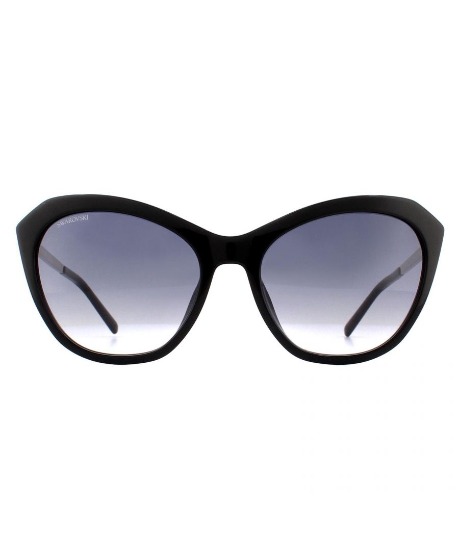 Swarovski Sunglasses SK0143 01B Shiny Black Grey Blue Gradient have a simple plastic cat eye style frame front with stunning sparkling Swarovski crystal covered temples. Plastic temple tips incorporate the Swarovski logo.