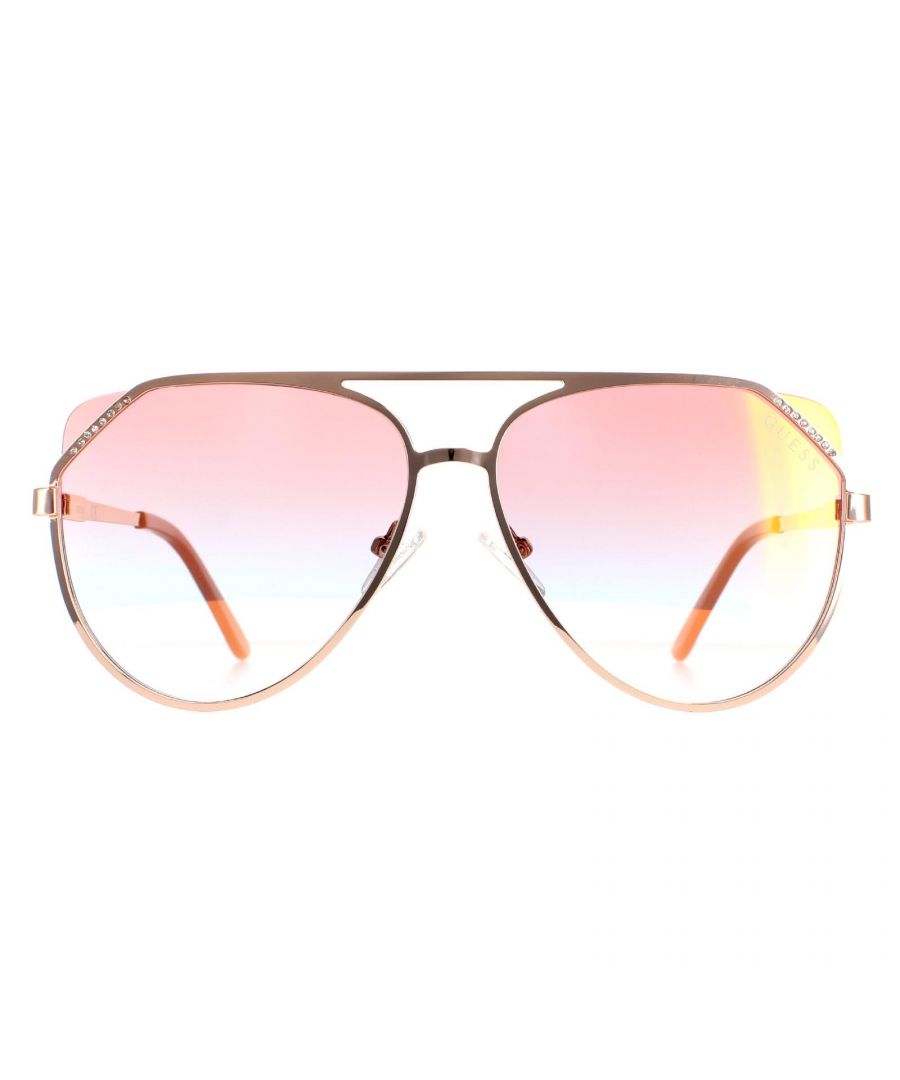 Guess Aviator Womens Shiny Rose Gold Bordeaux Mirror GF6071  GF6071 are a lovely modern take on the aviator style with gorgeous crystals on the front top corner and around the Guess logo on the temples