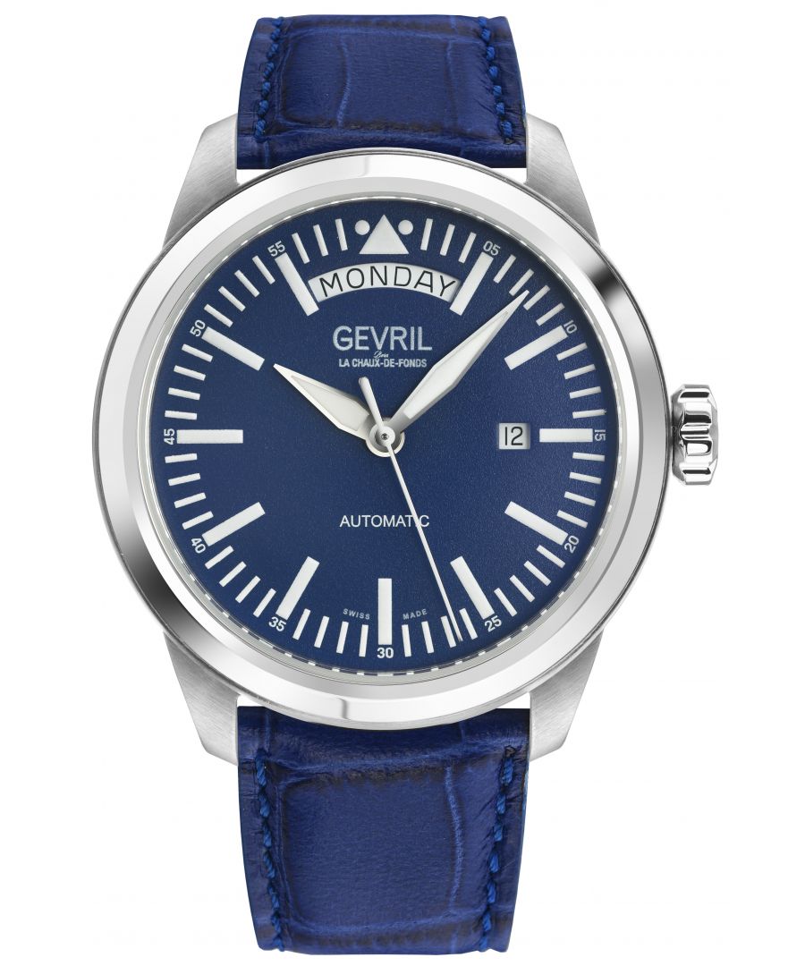 Gevril 45003 Men's West 30th Street Swiss Automatic Watch\n\nGevril Men's Swiss Automatic Watch from the West 30th Street Collection\n42mm Round 316L Stainless Steel Case with Exhibition Case Back window\nDate Display at 3 O'clock Luminous Hands And Indices, Limited Edition on side of case\nGenuine Calfskin Blue Leather with Tang Buckle\nAnti-reflective Sapphire Crystal\nWater Resistant to 50 Meters/5ATM\nSwiss Automatic Movement ETA2834