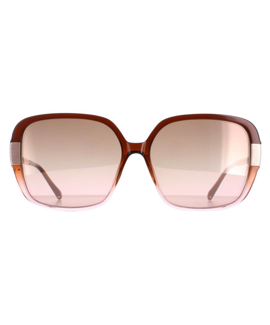 Ted Baker Sunglasses TB1616 Indi 268 Transparent Brown Gold Brown Gradient are a square style featuring an acetate front and a metal chain link detailing along the temples, The Ted Baker logo features on the either side of the lens to provide brand authenticity.