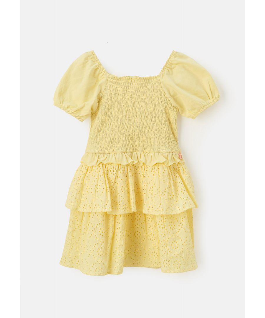 Lottie Say 'hey' to your new favourite dress. Super comfy in soft cotton jersey  shirred bodice and puff sleeves with woven broderie tiered skirt. It’s a summer wardobe essential!  Angel & Rocket cares – made with fairtrade cotton  Colour: Yellow  About me: 100% cotton  Look after me – Think planet  wash at 30c