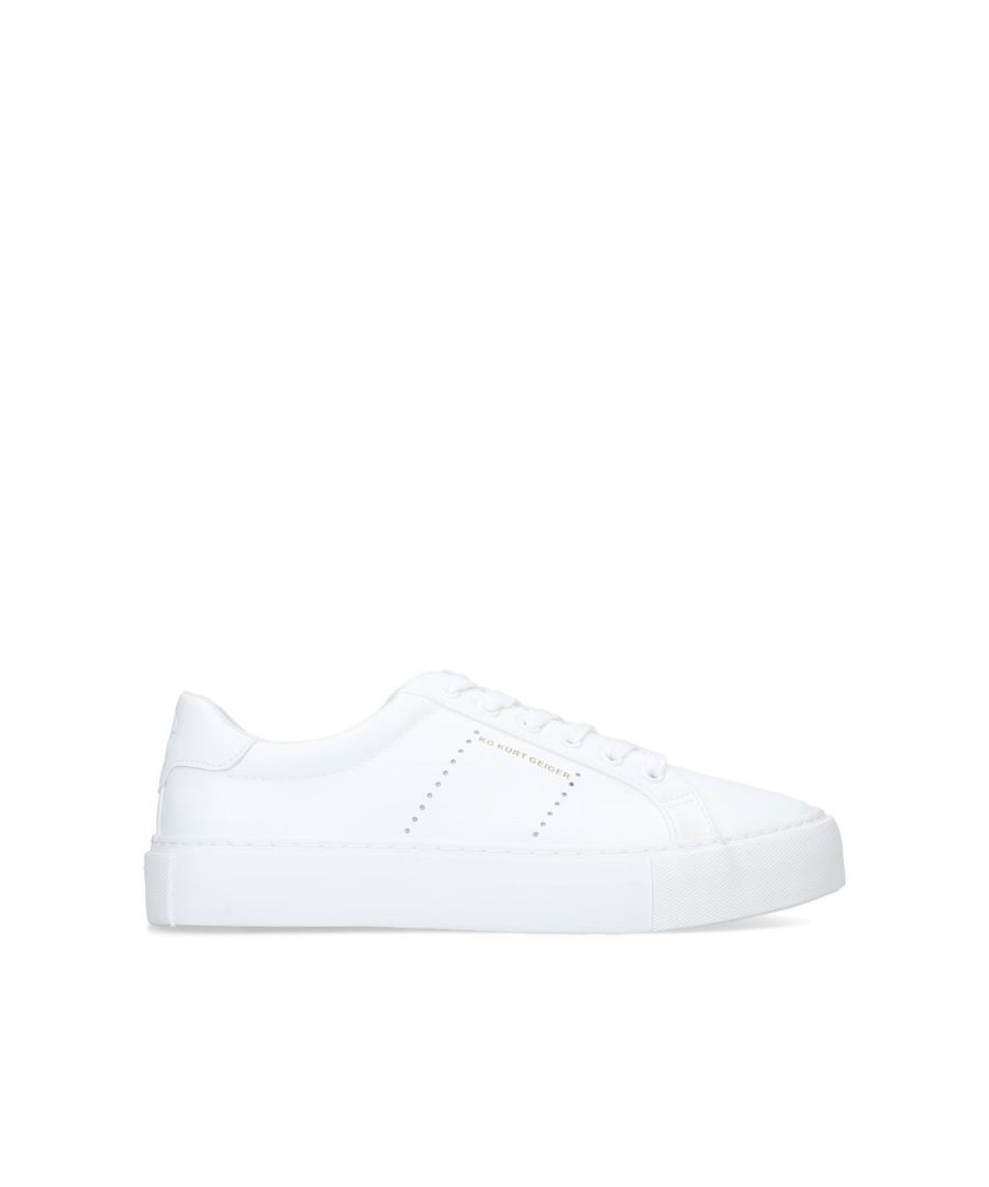 Delivered in white, KG Kurt Geiger's Wilson is a direct hit on sportive styling. This low-top trainer features tonal eyelets, a contrast rubber outsole and subtle perforations accented by branding at the quarter.