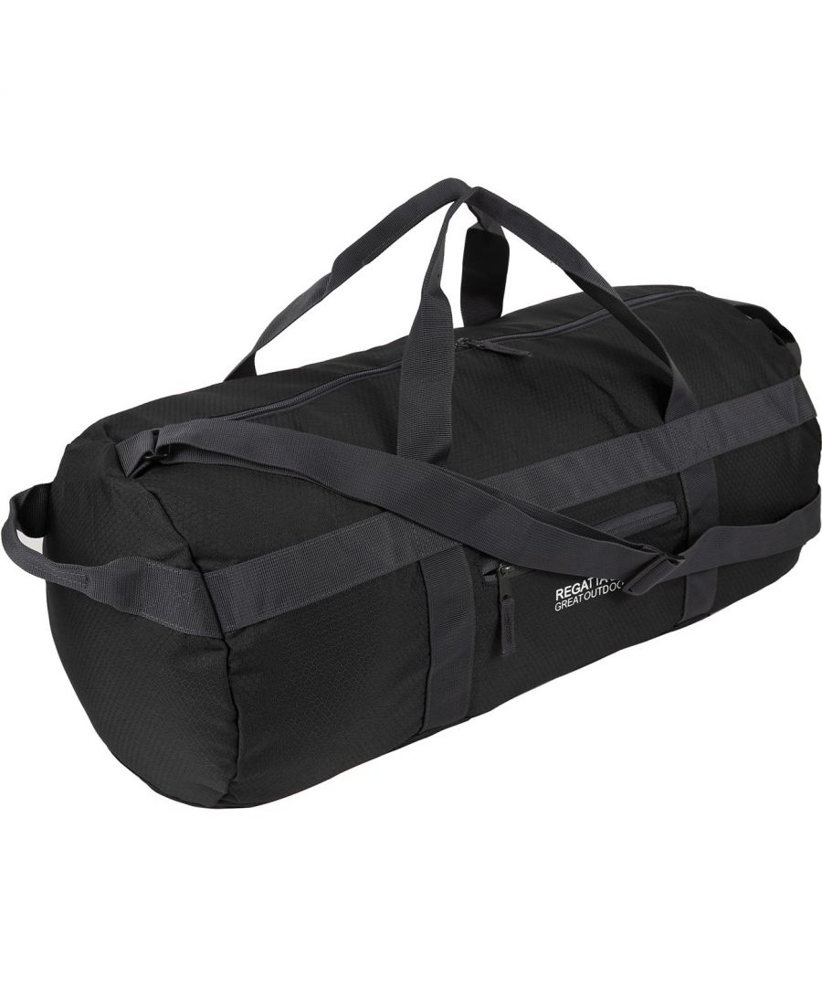 100% polyester. 40 litre capacity. Lightweight polyester honeycomb fabric. Packaway - packs into its own front pocket. Large main compartment. Adjustable shoulder strap. Grab handles.