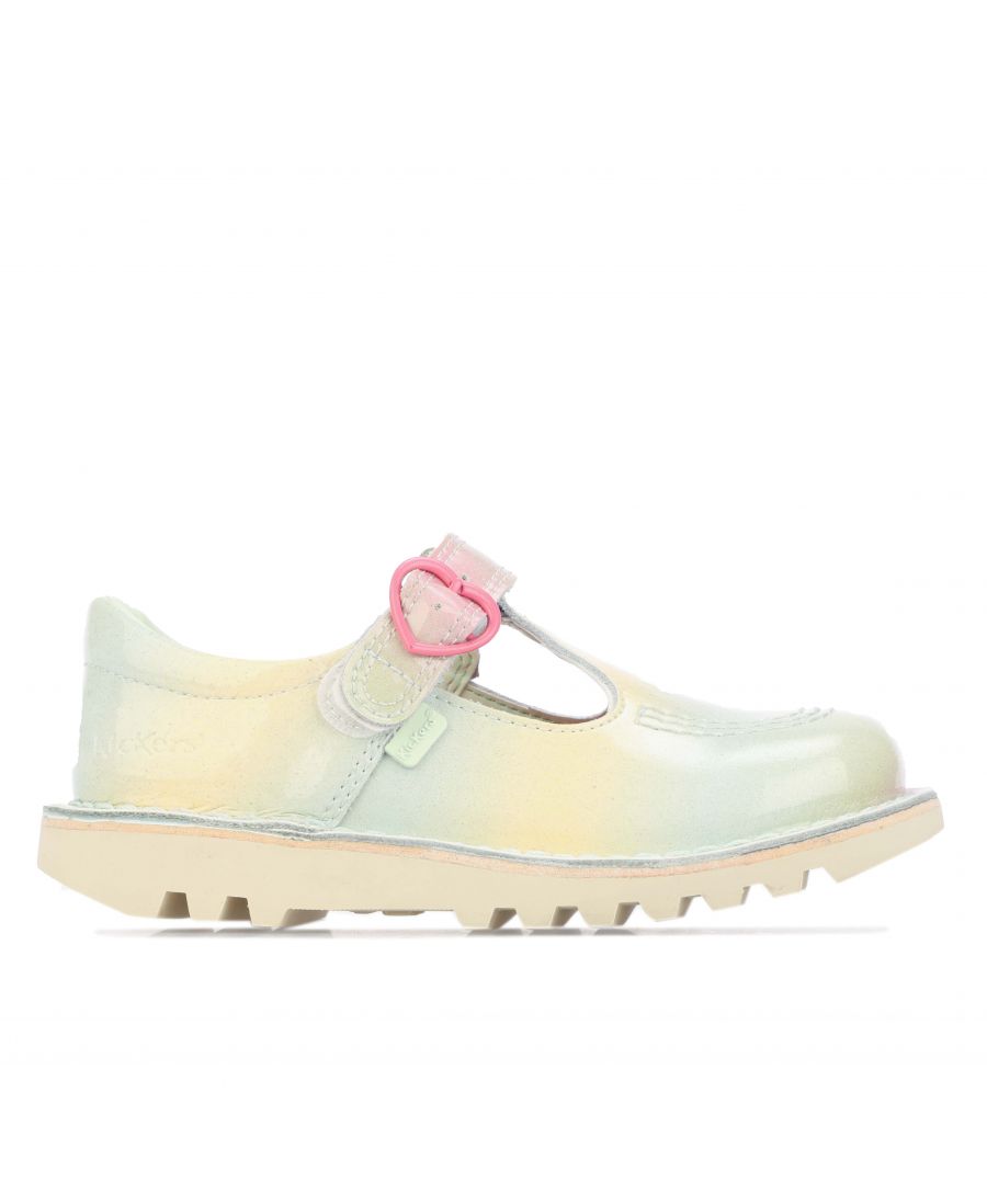 Infant Girls Kickers Kick T Bar Shoe in green.- Leather upper.- Velcro fastening.- Buckle closure.- Pink and mint rainbow gradient.- Chunky sole and heritage detailing.- Rubber sole.- Ref: 116883